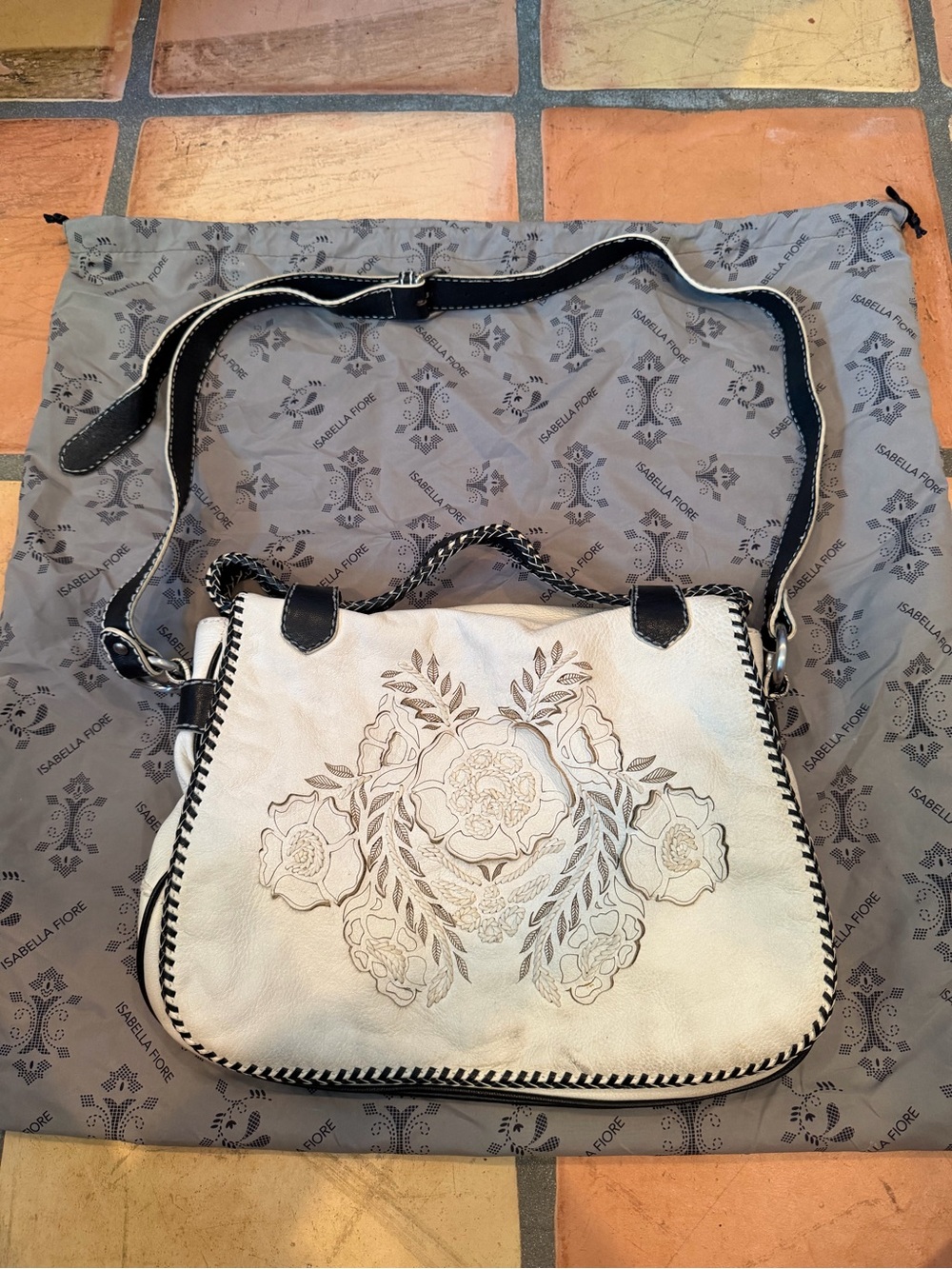 Isabella Fiore Cream Shoulder Bag with Black Trim and Floral Embossing